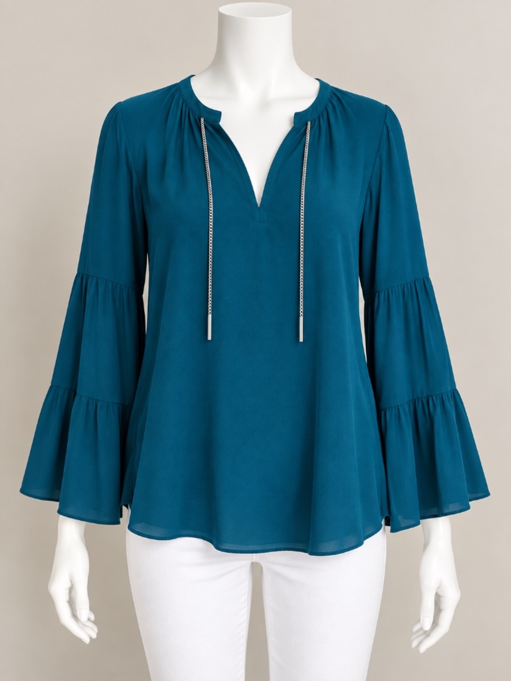 Michael Kors Women's Teal Long Sleeve Chain-Link Crepe Blouse Size S